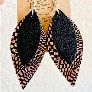 Double Long Leaf Embossed Shiny Tri-Colors Pink,Gold, Black Small Leaf Earrings
